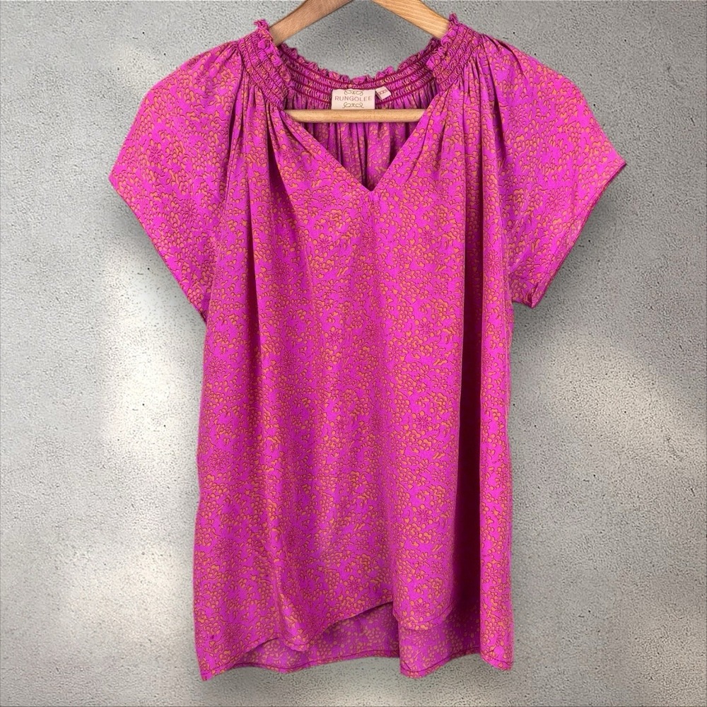 Rungolee Silk Printed Blouse Kassidy Smocked‎ Pink Yellow Sz XXS 2XS